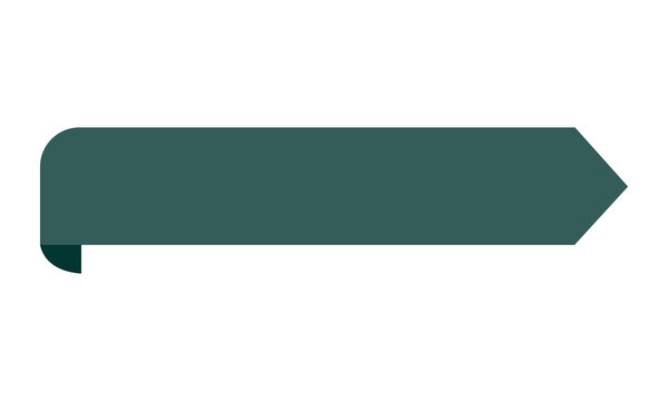 Dark green folded ribbon banner with pointed arrow end serves as professional text header or navigation button for corporate websites and presentation slides featuring flat minimalist design style.