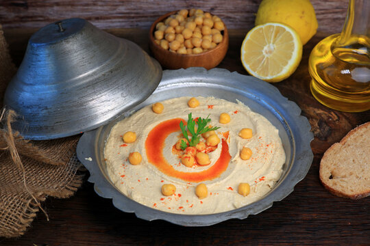Hummus, chickpea on plate, traditional delicious Turkish food humus	
