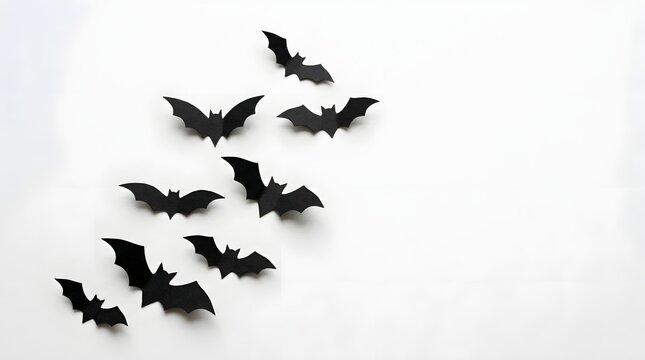 A swarm of black paper bats flying across a plain white background for halloween decoration