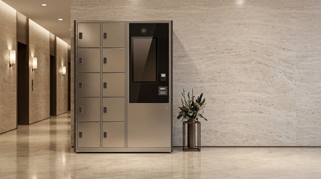 Automated parcel locker station in a modern building lobby