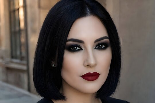 viso di modella con capelli neri e make-up