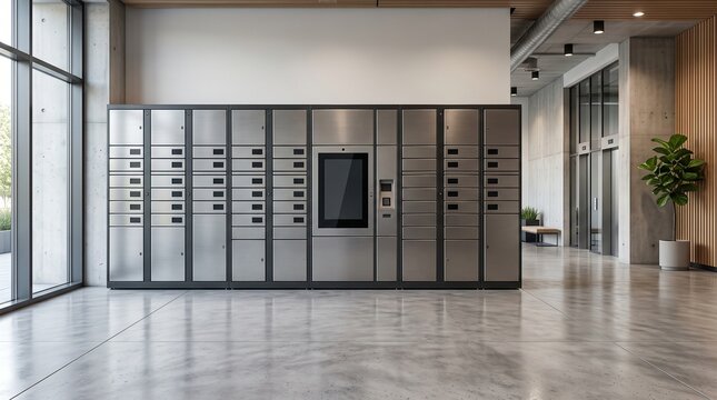 Modern stainless steel automated parcel locker system in a lobby