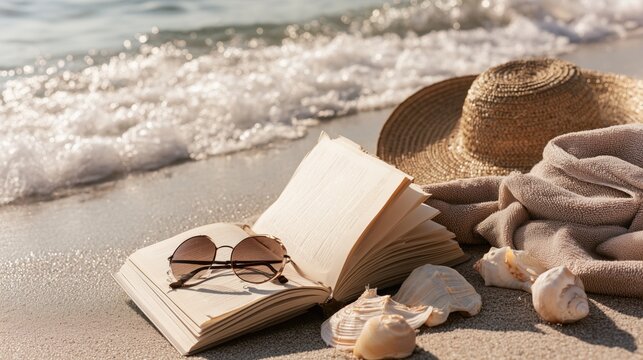 Open book resting on soft beach sand beside gentle ocean waves, surrounded by sunglasses, seashells, straw hat and towel in warm golden sunlight, capturing a peaceful summer vacation mood.