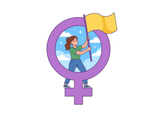 A young woman standing inside a female gender symbol holding a yellow flag.