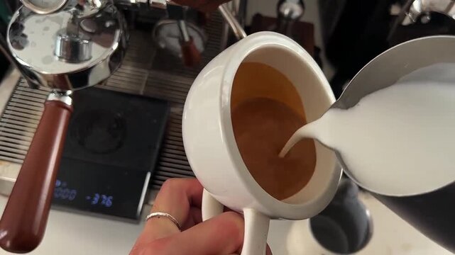 Top View POV Close-Up of Barista Pouring Steamed Milk into Espresso to Create a Rosetta Feather Latte Art Design