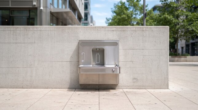 Stainless steel outdoor water fountain on a concrete wall
