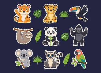 Obraz premium Set of cute wild jungle animals and tropical leaves stickers