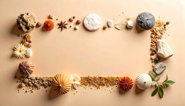 Natural flat lay border frame made of shells seeds and leaves around empty center.