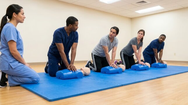 Diverse Group of Healthcare Professionals Practicing CPR on Manikins During First Aid Training