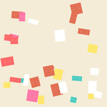 Abstract scattered colorful geometric rectangles and shapes on pastel beige background

