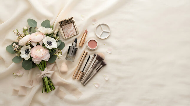 A beautiful wedding bouquet of flowers with professional makeup products and brushes on a soft beige fabric background