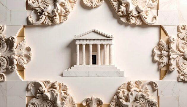 Classic architectural facade with ornate floral reliefs and columns.
