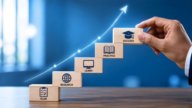 Hand placing a wooden block on a rising staircase graph with an upward blue arrow. Concept of education career development, continuous learning and success strategy.