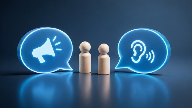 Two wooden peg dolls standing between glowing blue speech bubbles with a megaphone and an ear icon. Concept of effective corporate communication, active listening and public relations.