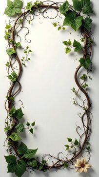 Winding ivy frame with green leaves and delicate flowers around blank center.
