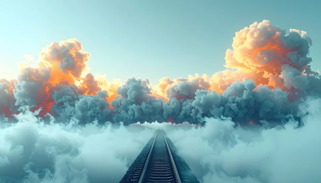 Surreal Train Tracks Ascending Through Clouds Into Bright Horizon.