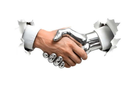 Chrome Metallic Handshake Emerging from Torn Paper, Transparent PNG Business Partnership Concept