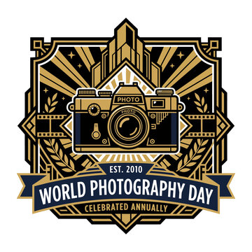 World Photography Day retro badge emblem featuring vintage camera design with geometric art deco border pattern
