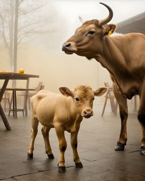 A yellow takin calf in a cafe