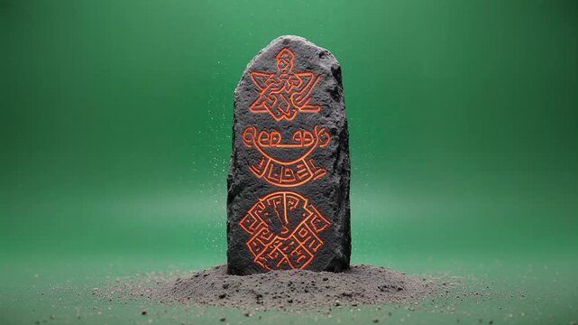 Ancient Viking Runestone with Glowing Carvings on Green Background