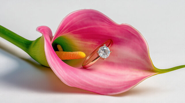 A ring placed on a pink flower petal showing the beauty of the flower and the shine of the ring with soft lighting