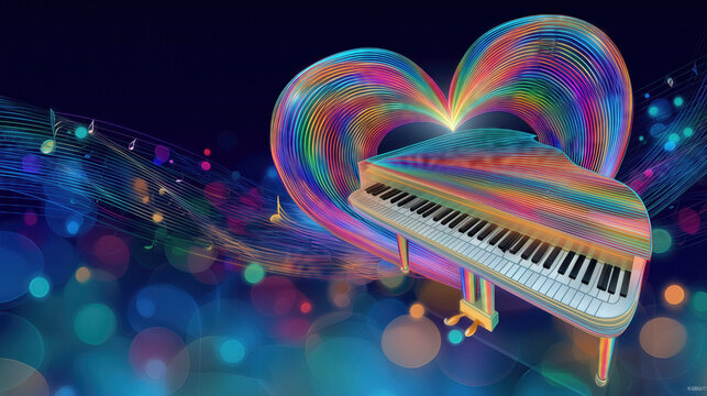 Colorful piano with heart shape and music notes in creative design