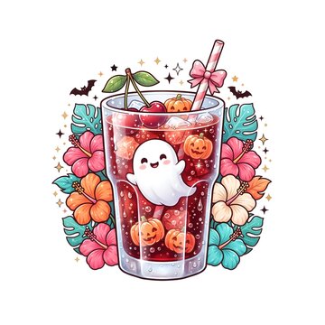 Glass filled with a seasonal dark red beverage contains a floating white ghost and carved pumpkin faces amidst a backdrop of hibiscus blossoms.