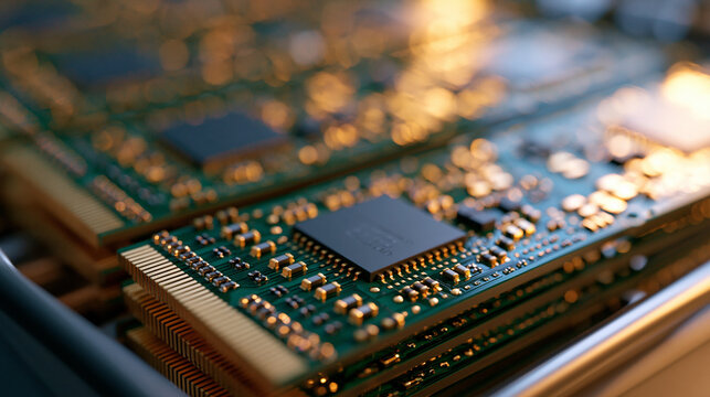Photorealistic industrial circuit board background showing several parallel PCB modules on an electronics production tray, realistic green solder masks, gold contact pads,