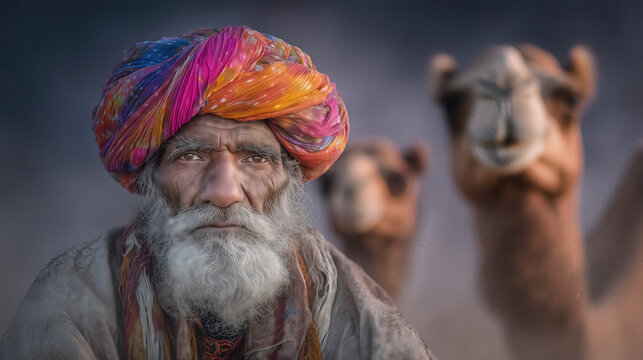 Man with colorful turban and camels in desert area during early morning