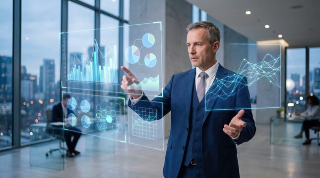 Senior executive analyzing floating data charts in modern office, business intelligence dashboard, financial reports visualization, strategic decision making, corporate leader