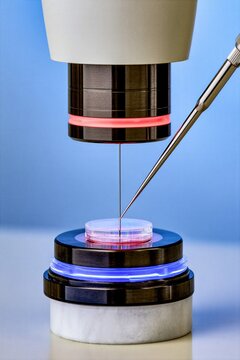 Advanced micro haptic robotic assembly core calibrating an intricate quantum microchip inside a high tech research laboratory