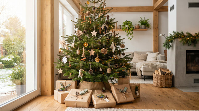 Decoraci&oacute;n navide&ntilde;a sostenible con materiales naturales y regalos envueltos de forma ecol&oacute;gica, concepto de consumo responsable y Navidad verde.