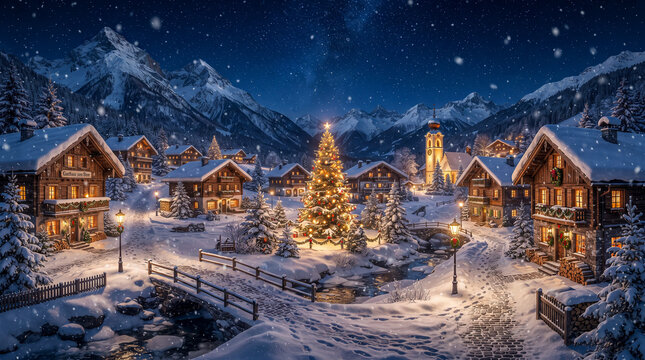 Pueblo de monta&ntilde;a cubierto de nieve durante la Navidad, con casas iluminadas, &aacute;rboles decorados y ambiente m&aacute;gico de invierno.