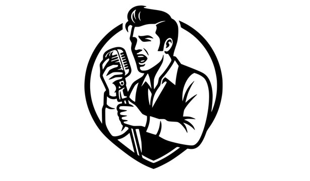 Retro Male Singer Singing Silhouette Vector Icon with Vintage Microphone for Music Branding Posters Stickers and Merchandise