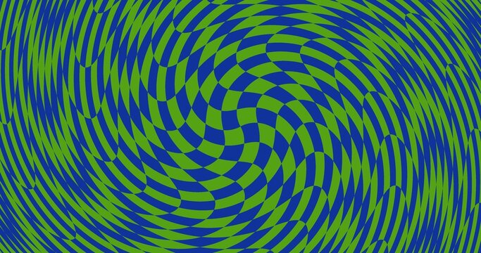 Optical illusion background with swirling blue and green checkerboard pattern psychedelic visual effect Mind bending vortex of lines and curves motion graphics