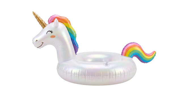 Inflatable unicorn pool float with rainbow mane, pearlescent white swim ring, whimsical summer water toy on white background