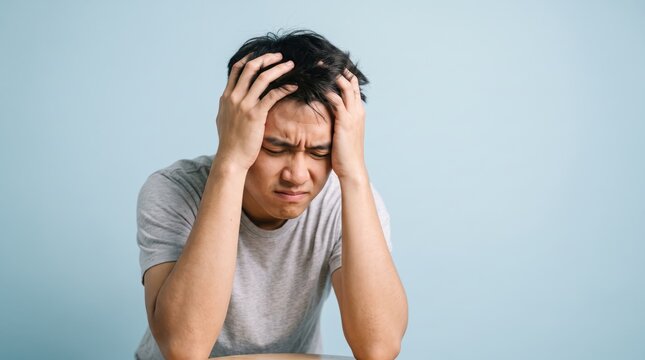 Stressed young man holding head in hands feeling pain or headache against solid blue background, expressing anxiety and mental health struggle