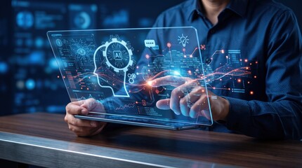 Fototapeta premium Businessman interacting with futuristic holographic AI interface on transparent screen, artificial intelligence, data analysis visualization, digital transformation
