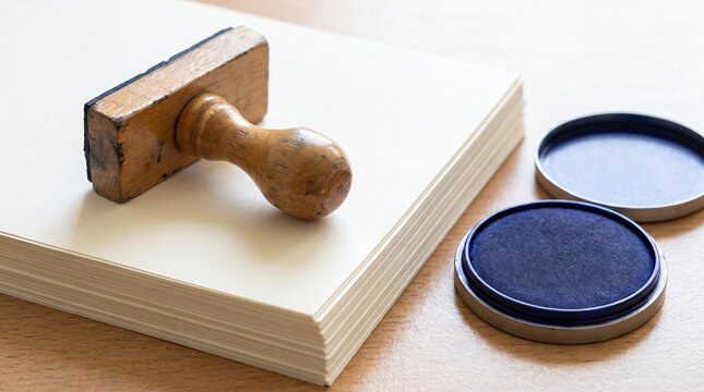 Rubber Stamping, a Wooden Stamp Resting on a Tall Stack of Blank Forms Beside an Ink Pad