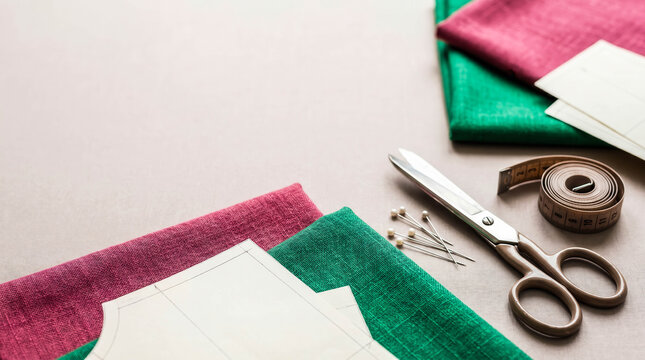 Soft fabrics lie spread on a clean surface. Metal scissors rest beside a coiled measuring tape. Nail pins gleam near folded textile pieces