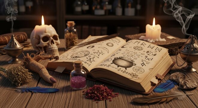 Vintage magic spell book open on a wooden table with candles