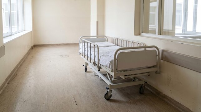 An Empty Hospital Bed Parked Along a Bare Corridor Wall as a Hospital Bed Shortage Metaphor
