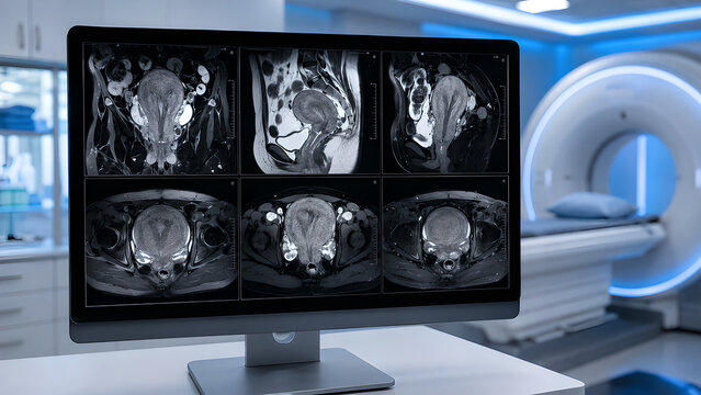 Uterus adenomyosis radiology MRI concept showing subtle early-stage uterine wall changes in a clean hospital imaging room for medical education, diagnostic awareness, and patient communication