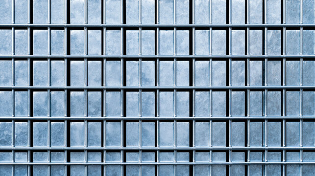 Close-up of galvanized steel security mesh fence, precise rectangular grid pattern, natural daylight, realistic zinc texture and welded joints, commercial infrastructure and