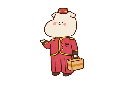 Dog hotelman carrying customer's baggage and guiding, hospitality service or pet accommodation concept