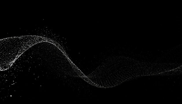 Abstract flowing wave of white particles against a dark black background creating a sense of motion and digital energy