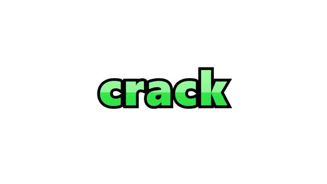 Green glossy crack text elements animated on clean white background