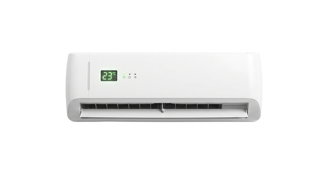 Modern white air conditioner unit with digital display. Wall mounted split system AC for home cooling. Minimalist climate control appliance.