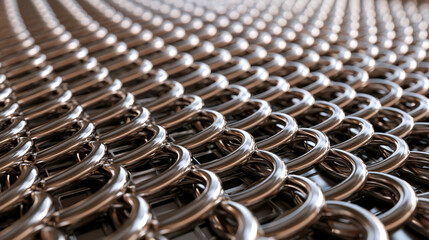 Obraz premium Industrial conveyor belt made from interlinked stainless steel wire mesh, detailed repeating mechanical pattern, realistic factory lighting, food processing and manufacturing