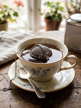 Vintage Floral Teacup with Metal Tea Infuser Steeping Black Tea on Rustic Wooden Table by Window